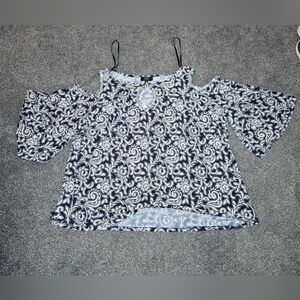 Women's Navy Blue and White Patterned Cold Shoulder Top 3X
